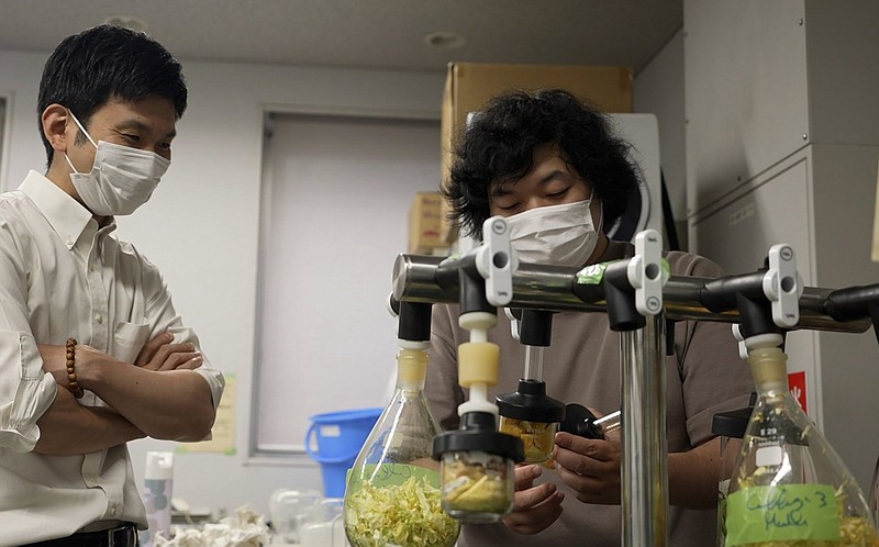 Tokyo University researchers Yuya Sakai (left) and Kota Machida (right) check on dried vegetables and fruit peels before pulverizing them to particles at their university laboratory in Tokyo, on May 26.
(AP/Chisato Tanaka)
