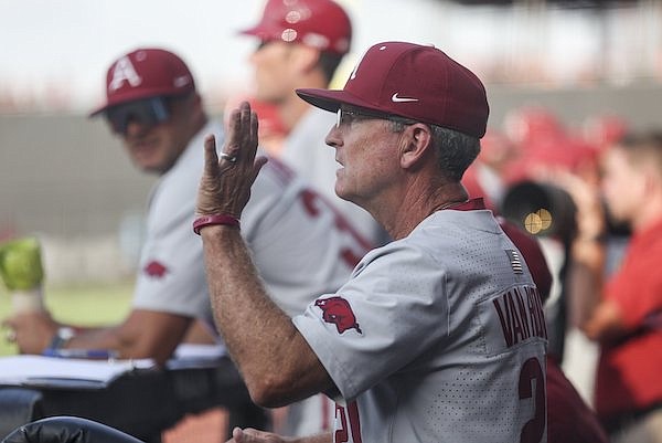 Arkansas coach Dave Van Horn is shown during an NCAA Tournament game against Oklahoma State on Saturday, June 4, 2022, in Stillwater, Okla.
