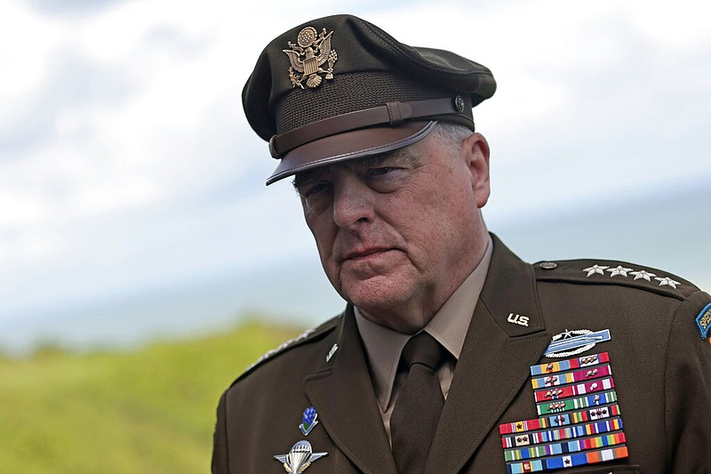 Army Gen. Mark Milley, chairman of the Joint Chiefs of Staff, attends an interview with the Associated Press at the American Cemetery of Colleville-sur-Mer, overlooking Omaha Beach, Monday, June, 6, 2022. Army Gen. Mark Milley, said that the United States and the Allied countries must "continue" to provide significant support to Ukraine out of respect for D-Day soldiers' legacy, as commemorations of the June 6, 1944 landings were being held Monday in Normandy. (AP/ Jeremias Gonzalez)