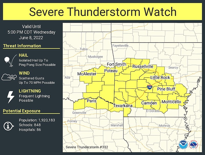 Much of the state is under a severe thunderstorm watch until 5 p.m. Wednesday, according to the National Weather Service.