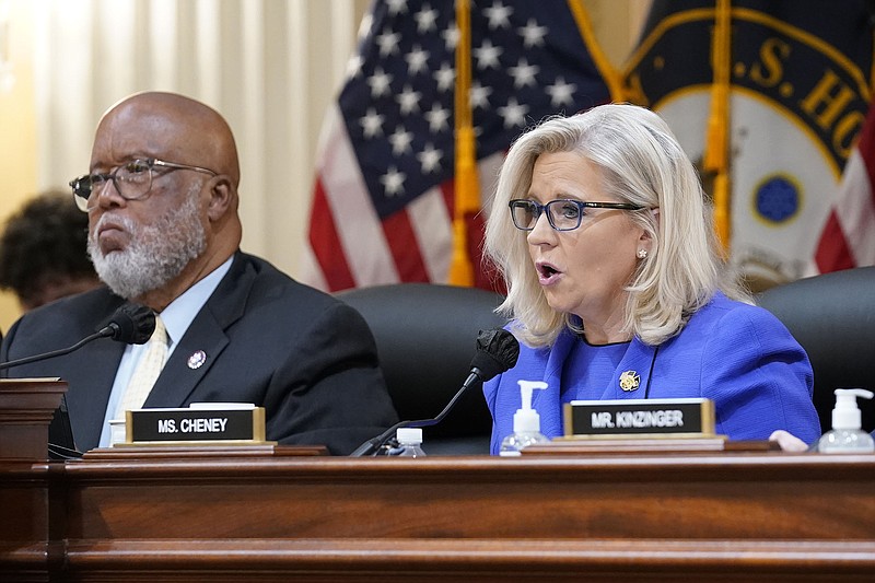 House Select Committee Vice Chair Liz Cheney makes opening remarks Thursday evening along with Committee Chairman Rep. Bennie Thompson as the panel begins the first public hearing on its findings. More photos at arkansasonline.com/610jan6/.
(AP/J. Scott Applewhite)