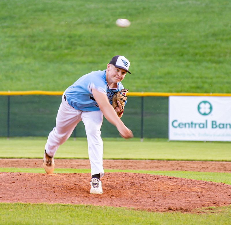 St. Elizabeth native Brock Lucas throws a pitch to the plate for the Sedalia Bombers Wednesday, June 8, 2022, during their game against the Jefferson City Renegades at Vivion Field. (Ken Barnes/News Tribune photo)