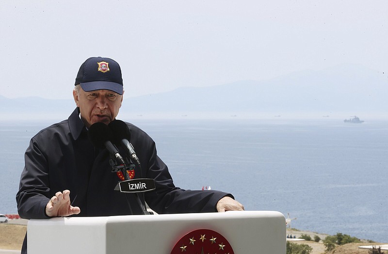 Turkish President Recep Tayyip Erdogan speaks Thursday during the final day of military exercises in Seferihisar near Izmir, on Turkey’s Aegean coast.
(AP/Turkish Presidency)