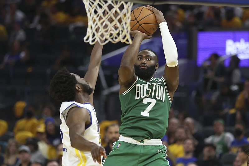 Boston guard Jaylen Brown (7) shoots over Golden State forward Andrew Wiggins during the second half of the Celtics’ loss to the Warriors on Sunday in Game 2 of the NBA Finals in San Francisco. Brown is averaging a team-best 22.7 points and 7.3 rebounds per game through the first three games of the Finals.
(AP/Jed Jacobsohn)