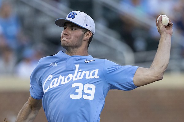 North Carolina's Brandon Schaeffer (39) pitches during an NCAA baseball game on Saturday, June 4, 2022, in Chapel Hill, N.C. (AP Photo/Ben McKeown)