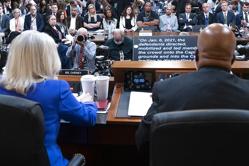 Vice Chair Liz Cheney (left), R-Wyo., gives an opening statement, with Chairman Bennie Thompson, D-Miss., as the House select committee investigating the Jan. 6 attack on the U.S. Capitol holds its first public hearing to reveal the findings of a yearlong investigation on Capitol Hill in Washington on Thursday, June 9, 2022. (AP/Alex Brandon)