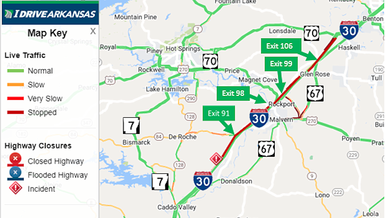 Portions of westbound Interstate 30 remained blocked Thursday morning, with traffic being diverted at exits 91 and 106, according to this graphic provided by the Arkansas Department of Transportation.