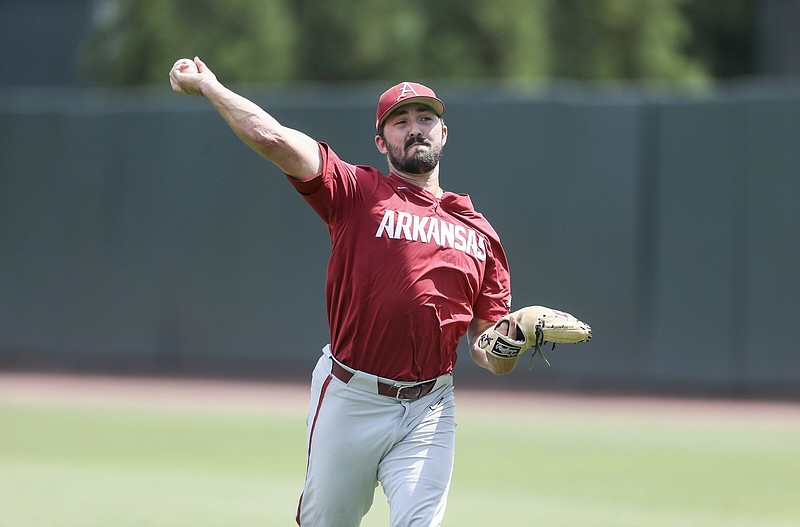 Connor Noland will get the start on the mound today for the Arkansas Razorbacks as they take on North Carolina in the opening game of the NCAA Chapel Hill (N.C.) Regional. “I think going on the road is good for us,” Noland said. “We have a little chip on our shoulder.” More photos at arkansasonline.com/611uaunc/
(NWA Democrat-Gazette/Charlie Kaijo)