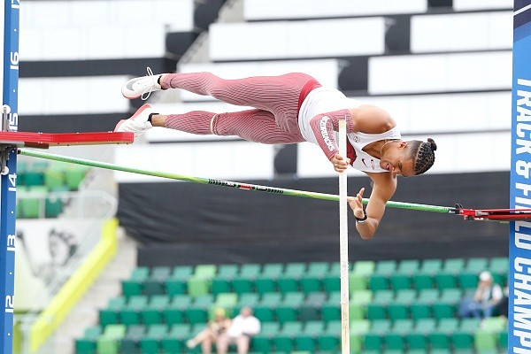 Arkansas' Ayden Owens-Delerme competes in the pole vault on June 9, 2022, at the NCAA Outdoor Track and Field Championships at Hayward Field in Eugene, Ore.