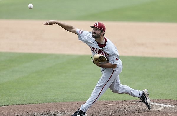 Arkansas pitcher Connor Noland throws during an NCAA Tournament game against North Carolina on Saturday, June 11, 2022, in Chapel Hill, N.C.