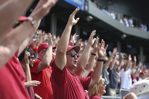 Arkansas fans cheer during an NCAA Tournament game against North Carolina on Saturday, June 11, 2022, in Chapel Hill, N.C.