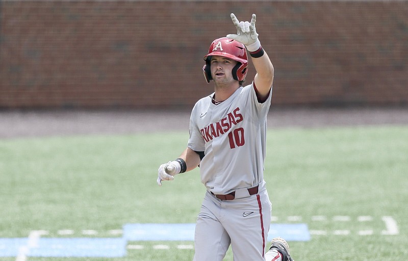Arkansas infielder Peyton Stovall (10) runs home for a score after batting a home-run, Saturday, June 11, 2022 during the fifth inning of the NCAA Baseball Super Regional opening game at Boshamer Stadium in Chapel Hill, NC. Check out nwaonline.com/220612Daily/ and nwadg.com/photos for a photo gallery...(NWA Democrat-Gazette/Charlie Kaijo)