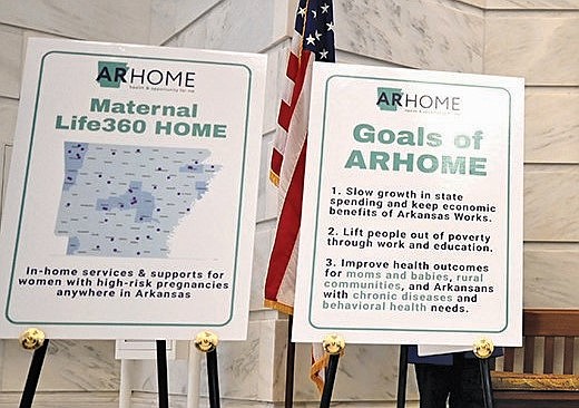 Displays promote Arkansas Health and Opportunity for Me, or ARHOME, at the state Capitol in Little Rock in this March 1, 2021 file photo. ARHOME, the replacement for Arkansas Works, is the state's version of the federal Medicaid program. It buys private insurance for low-income people. (Arkansas Democrat-Gazette/Stephen Swofford)