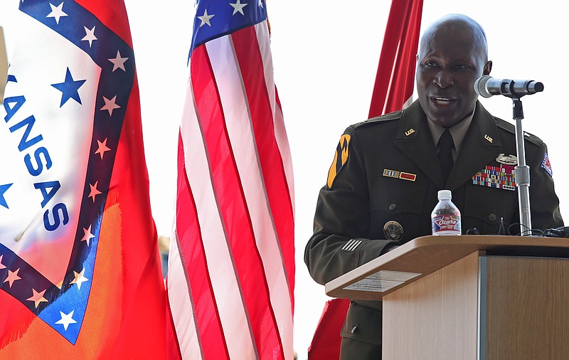 Arkansas National Guard Brigadier General Leland Tony Shepherd addresses the audience during his promotion ceremony in a hangar at Camp Robinson on Sunday, June 12, 2022. See more photos at arkansasonline.com/613ceremony/ (Arkansas Democrat-Gazette/Colin Murphey)