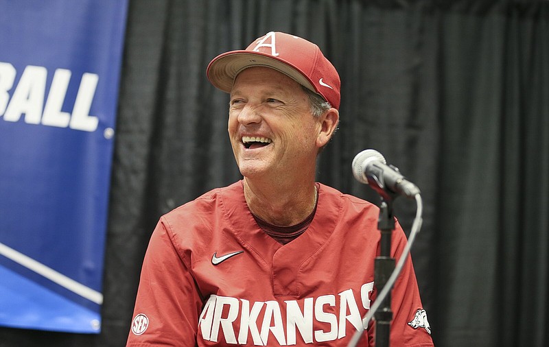 Arkansas head coach Dave Van Horn responds to questions, Friday, June 10, 2022 during a press conference before the NCAA Baseball Super Regional at Boshamer Stadium in Chapel Hill, NC. Check out nwaonline.com/220611Daily/ and nwadg.com/photos for a photo gallery...(NWA Democrat-Gazette/Charlie Kaijo)