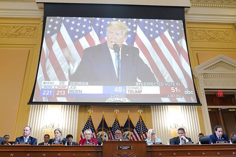 A video exhibit plays as the House select committee investigating the Jan. 6 attack on the U.S. Capitol continues to reveal its findings of a year-long investigation, at the Capitol in Washington, Monday, June 13, 2022. (AP/Susan Walsh)