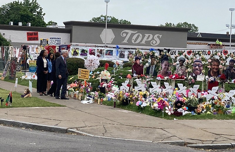 Attorney General Merrick Garland visits the Tops Friendly Market grocery store on Wednesday, the site of a May 14 mass shooting in which 10 Black people were killed, in Buffalo, N.Y.
(AP/Carolyn Thompson)