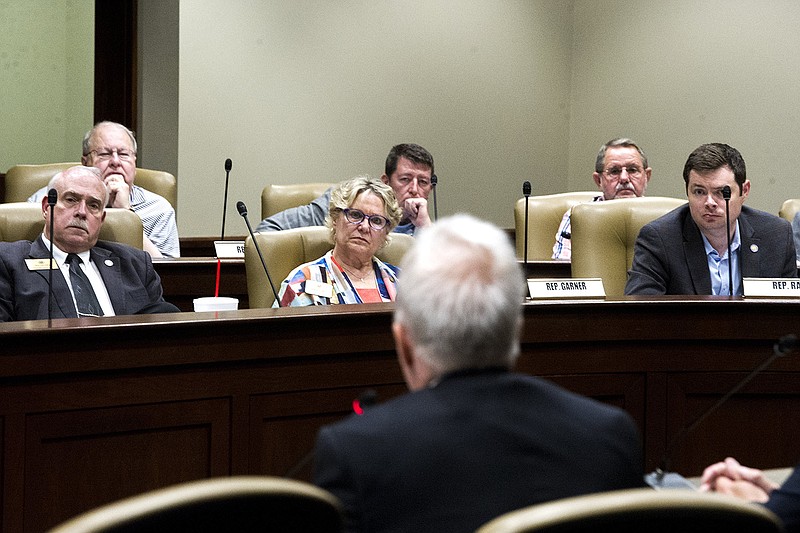 Members of the legislative lottery oversight subcommittee listen Wednesday as Eric Hagler, director of the Arkansas Lottery, discusses a proposal for the creation of a new draw game.
(Arkansas Democrat-Gazette/Stephen Swofford)