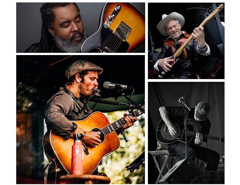 Alvin “Youngblood” Hart (clockwise from top left), Jimbo Mathus, Danny Dozier and Nicholas Edward Williams perform for the Ozark Folk Center’s Country Blues & BBQ on Friday and Saturday in Mountain View. (Special to the Democrat-Gazette)
