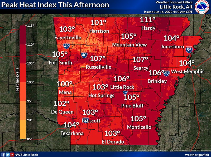 High heat index values, how temperatures generally feel, are expected all over Arkansas on Thursday afternoon.