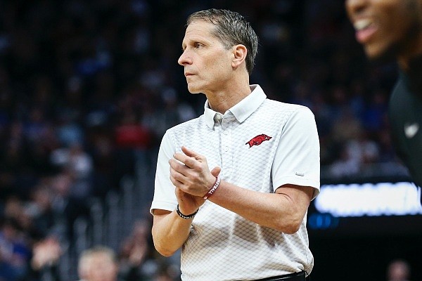 Arkansas coach Eric Musselman reacts Thursday, March 24, 2022, during the second half of the Sweet 16 round of the 2022 NCAA Division I Men's Basketball Championship at Chase Center in San Francisco, Calif.