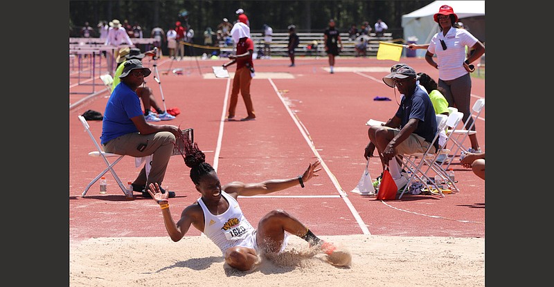 Safiya John lands into the long jump pit in a recent meet. 
(Special to The Commercial/University of Arkansas at Pine Bluff)