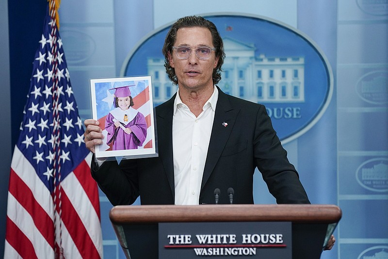 Actor Matthew McConaughey holds a picture of Alithia Ramirez, 10, who was killed in the mass shooting at an elementary school in Uvalde, Texas, as he speaks during a press briefing at the White House on June 7 in Washington.
(AP/Evan Vucci)