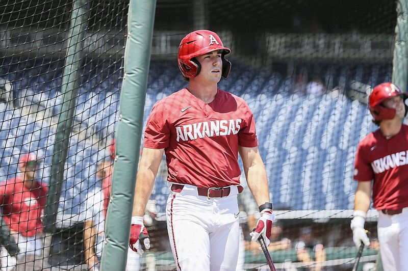 Third baseman Cayden Wallace prepares to hit during Arkansas’ practice Thursday at Charles Schwab Field in Omaha, Neb. The Razorbacks will play Stanford at 1 p.m. Central today in the College World Series.
(NWA Democrat-Gazette/Charlie Kaijo)