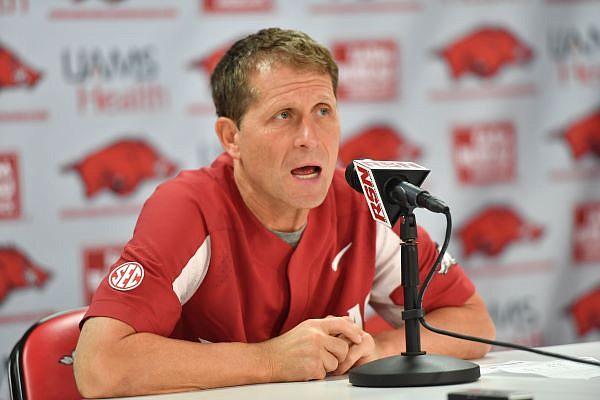 Arkansas coach Eric Musselman speaks Friday, June 17, 2022, during a press conference in Bud Walton Arena in Fayetteville. Visit nwaonline.com/220618Daily/ for today's photo gallery. ...(NWA Democrat-Gazette/Andy Shupe)