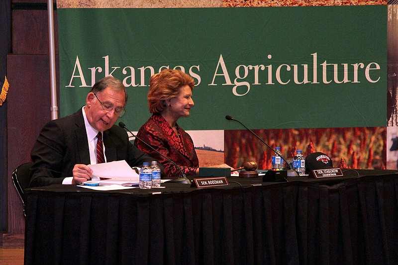 U.S. Sens. John Boozman, R-Ark., ranking member of the Senate Committee on Agriculture, Nutrition, and Forestry, and Debbie Stabenow, D-Mich., committee chairwoman, address visitors Friday at a committee hearing on the Arkansas State University Campus in Jonesboro.
(Arkansas Democrat-Gazette/Cristina LaRue)