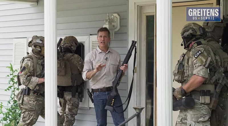 Above is a screenshot from a controversial campaign advertisement for Senate candidate Eric Greitens urging voters to "order your RINO hunting permit today," a reference to so-called Republicans in name only. (Screenshot from www.youtube.com/watch?v=r156NzlHmJ4)