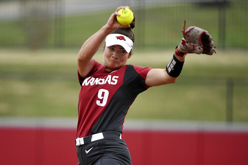 FILE - Arkansas pitcher Autumn Storms throws a pitch against Arkansas-Pine Bluff during an NCAA softball game on Tuesday, April 16, 2019 in Fayetteville, Ark. (AP/Michael Woods, File)