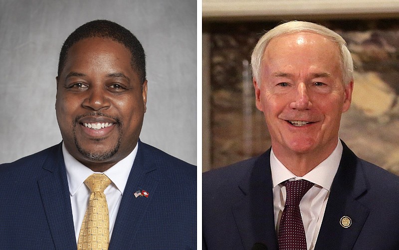 Chris Jones (left), the Democratic candidate for Arkansas governor, and Arkansas Gov. Asa Hutchinson are shown in these undated file photos. (Right, Arkansas Democrat-Gazette/Thomas Metthe)