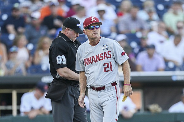 Arkansas coach Dave Van Horn (21) is shown prior to a College World Series game against Auburn on Tuesday, June 21, 2022, in Omaha, Neb.