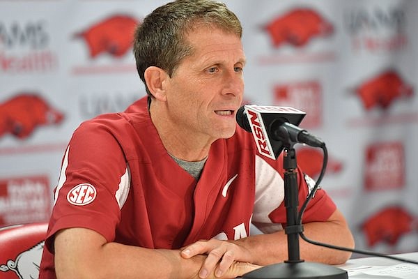 Arkansas coach Eric Musselman speaks Friday, June 17, 2022, during a press conference in Bud Walton Arena in Fayetteville.