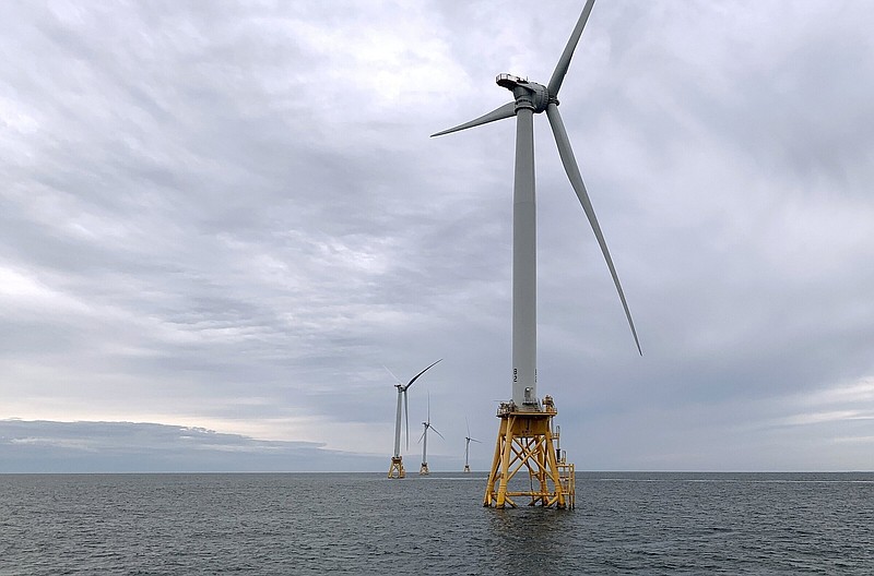 Deepwater Wind’s turbines stand in the water off Block Island, R.I., in this 2019 file photo.
(AP)