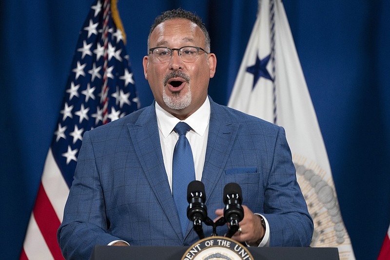 Education Secretary Miguel Cardona speaks at an event June 2 at the Department of Education in Washington where Vice President Kamala Harris announced the cancellation of all federal student loans borrowed by students to attend any Corinthian Colleges.
(AP/Jacquelyn Martin)