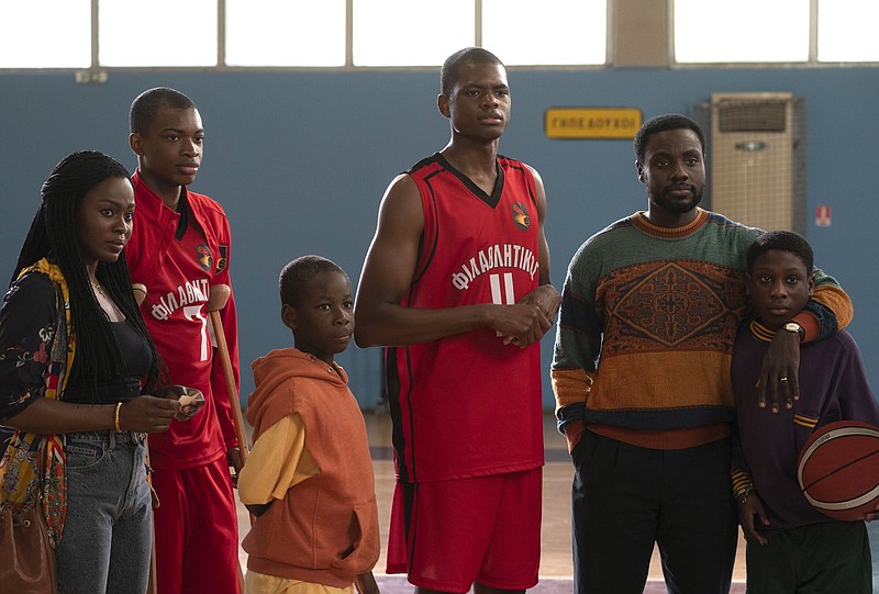 Meet the Antetokounmpo family: Veronika (Yetide Badaki), Thanasis (Ral Agada), Alexandros (Elijah Sholanke), future NBA MVP Giannis (Uche Agada), Charles (Dayo Okeniyi) and Kostas (Jaden Osimuwa). Their uplifting story is told in the Disney+ film “Rise.”