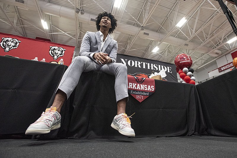 Former Arkansas player Jaylin Williams speaks with members of the media during an NBA Draft watch party Thursday night at Northside Arena in Fort Smith. Williams was taken in the second round by the Oklahoma City Thunder.
(NWA Democrat-Gazette/Hank Layton)