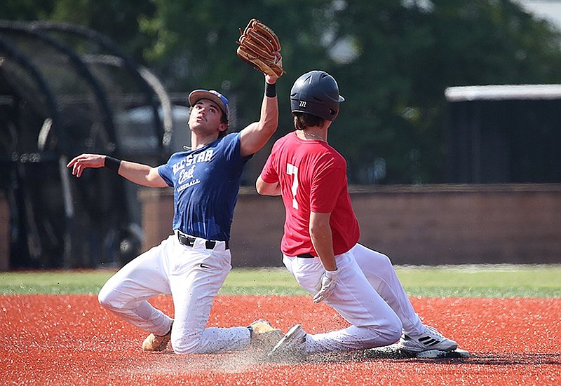 The West’s Dylan Block (right) of Harrison slides safely into second base during the Arkansas High School Coaches Association All-Star baseball game Friday in Conway. The teams tied 2-2 in the opening game before the West won the second game 4-2. See more photos at arkansasonline.com/625baseball/
(Arkansas Democrat-Gazette/Colin Murphey)