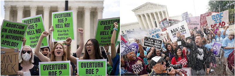 This combination of Friday, June 24, 2022, photos taken outside the Supreme Court in Washington shows abortion-rights activists protesting following Supreme Court's decision to overturn Roe v. Wade, at left, and anti-abortion activists celebrating following Supreme Court's decision, at right. The Supreme Court has ended the nation's constitutional protections for abortion that had been in place nearly 50 years in a decision by its conservative majority to overturn Roe v. Wade. (AP Photo)