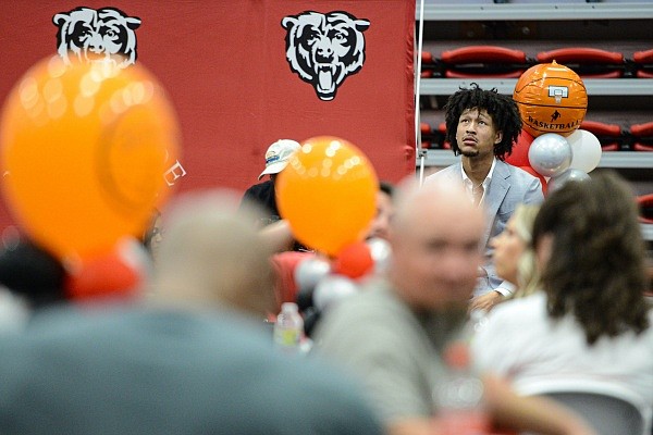 Jaylin Williams of Arkansas waits for his name to be called on Thursday, June 23, 2022, at a 2022 NBA Draft watch party inside Northside Arena at Northside High School in Fort Smith. He was picked 34th overall in the second round by the Oklahoma City Thunder. Visit nwaonline.com/220624Daily/ for the photo gallery.
