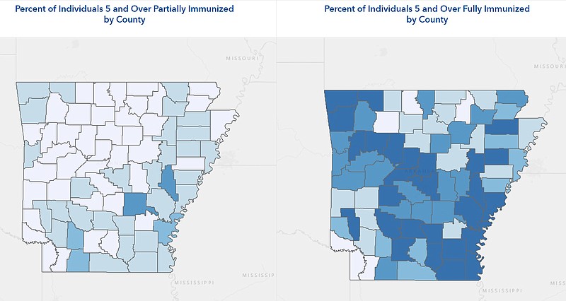 Graphics on the Arkansas Department of Health's covid-19 dashboard on Saturday, June 25, 2022, show the percentage of individuals age 5 and over who are partially immunized by county (left) and the percentage of individuals age 5 and over who are fully immunized by county. (Courtesy photo)