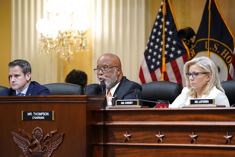 Chairman Bennie Thompson, D-Miss., center, speaks as the House select committee investigating the Jan. 6 attack on the U.S. Capitol continues to reveal its findings of a year-long investigation, at the Capitol in Washington, Thursday, June 23, 2022. Rep. Adam Kinzinger, R-Ill., left, and Vice Chair Liz Cheney, R-Wyo., right, listen. (AP/J. Scott Applewhite)