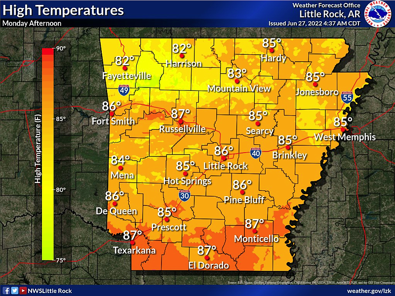 Cooler temperatures are expected on Monday afternoon, according to this graphic from the National Weather Service. (National Weather Service/Twitter)