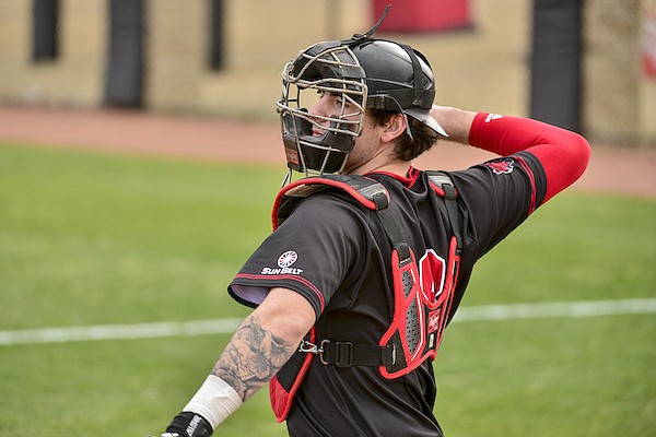 Arkansas State catcher Parker Rowland (8) warms up before an NCAA baseball game against Missouri State Wednesday, March 10, 2021, in Jonesboro. (AP Photo/Brandon Dill)