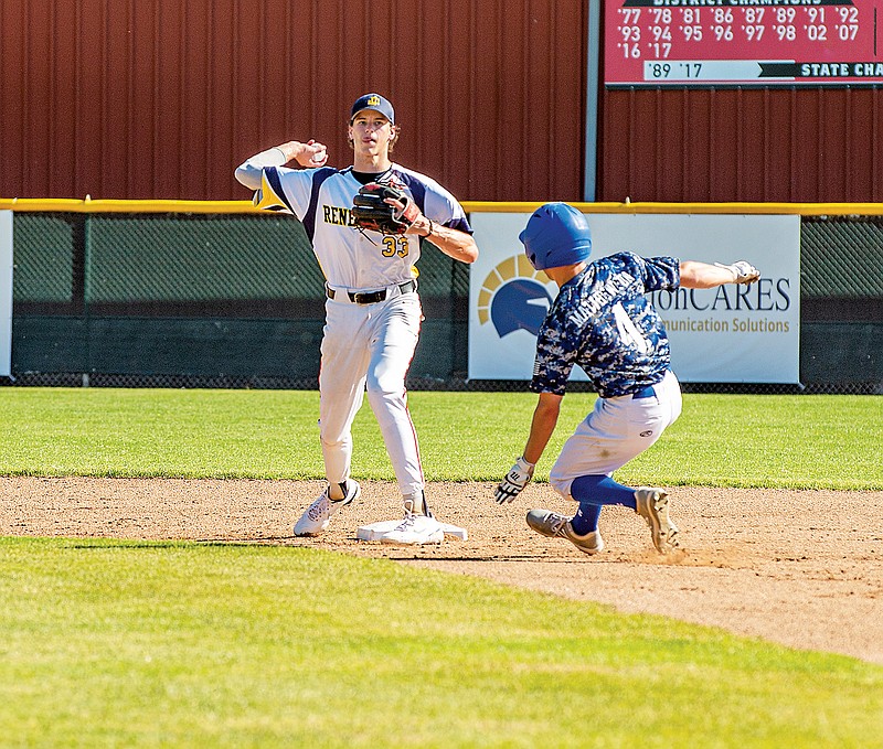 Jefferson City Renegades shortstop Jackson Lovich gets the forceout on Jordan Matthewson of the Carroll Merchants on Wednesday, June 29, 2022, during the first game of a MINK League doubleheader at Vivion Field. (Ken Barnes/News Tribune photo)