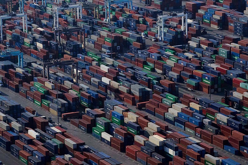 Shipping containers are piled up at the Port of Los Angeles in this file photo from November, 2021.
(Bloomberg News WPNS/Bing Guan)