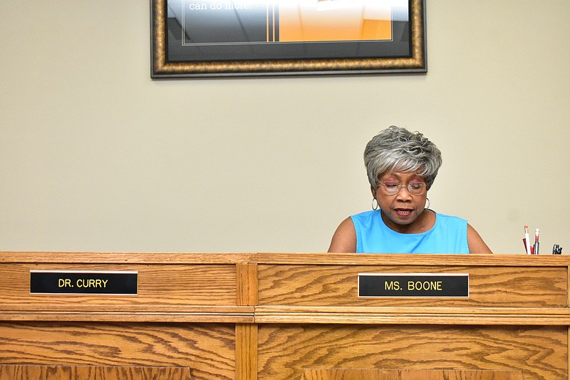 Watson Chapel School Board President Sandra Boone opens a special board meeting with Superintendent Andrew Curry absent Thursday. 
(Pine Bluff Commercial/I.C. Murrell)