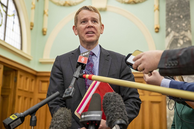 New Zealand Police Minister Chris Hipkins holds a news conference Thursday at Parliament in Wellington, New Zealand, after the government has declared that American far-right groups the Proud Boys and The Base are terrorist organizations.
(AP/New Zealand Herald/Mark Mitchell)